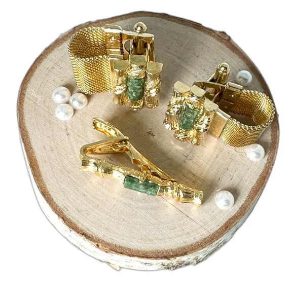 Vintage Jade Cufflinks Tie Clip Set Gold Tone Elegant Wedding Men Bamboo Asian - Picture 2 of 14